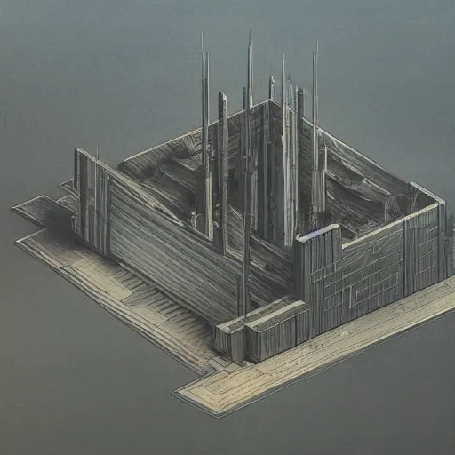 Image similar to architectural diagram of brutalist fascist cyberpunk Japanese castle by Zaha Hadid, Beksinski, Moebius, and Rutkowski