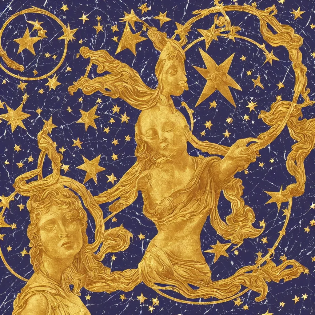 Prompt: saint Woman, Venus, Athena, beautiful, gracious, baroque marble and gold in space, sistina, stars, astral, meandar, clouds