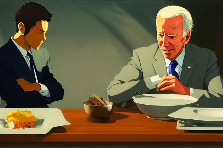 Image similar to anime key visual of joe biden eating all of the carbon credits, style of jamie wyeth james gilleard edward hopper greg rutkowski acrylic painting, preserved museum piece, historical