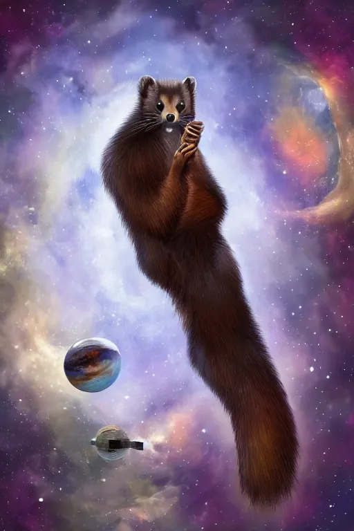 Image similar to giant pine marten in space holding a planet, digital art, trending on artstation, highly detailed