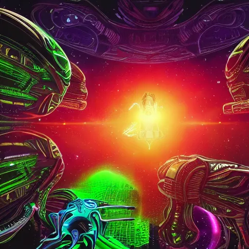 Image similar to an alien battle in space, epic, intricate, ultra detailed, intricate, 8 k, neon colors, in the style of mark cooper