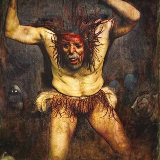 Image similar to 1 9 7 2 distressed kodachrome photo of mephistopheles in the style of jan saudek, annie liebovitz, pieter bruegel the elder, joel peter witkin, gustave dore, heironymus bosch