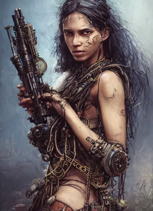 Image similar to portrait of a young very beautiful cute tribal woman with a steampunk gun, post apocalyptic city overgrown with lush vegetation, by Luis Royo, by Greg Rutkowski, dark, gritty, intricate, highly detailed face, backlit, strong rimlight, cover illustration, concept art, volumetric lighting, volumetric atmosphere,sharp focus, octane render, trending on artstation, 8k