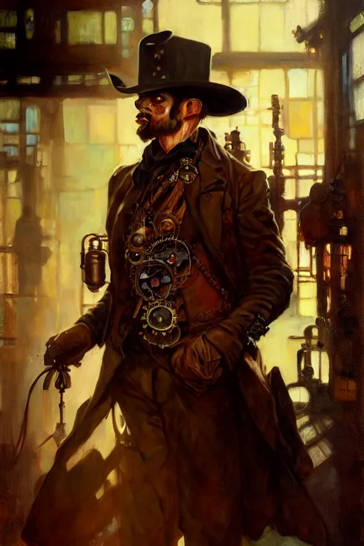 Image similar to hyperrealist portrait of a steampunk cowboy by jeremy mann and alphonse mucha, fantasy art, photo realistic, dynamic lighting, artstation, poster, volumetric lighting, very detailed faces, 4 k, award winning