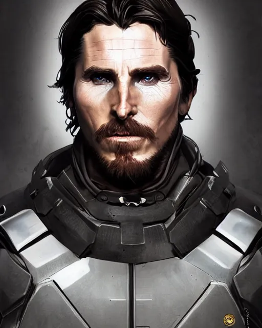 Prompt: Christian Bale as an Apex Legends character digital illustration portrait design by, Mark Brooks and Brad Kunkle detailed, gorgeous lighting, wide angle action dynamic portrait