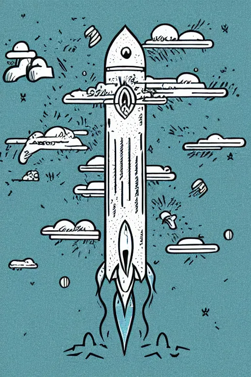 Prompt: mcbess illustration of a rocket ship with rainbow color exhaust fumes