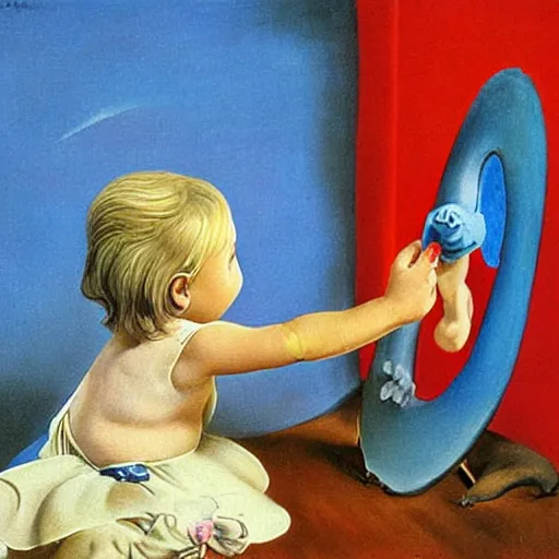 Prompt: A 2 year old girl playing with blue piglet, blond hair. Painting by Salvador Dali