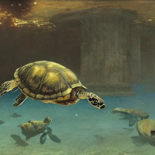 Prompt: turtles underwater in ruined city of Atlantis , by Michael Sowa