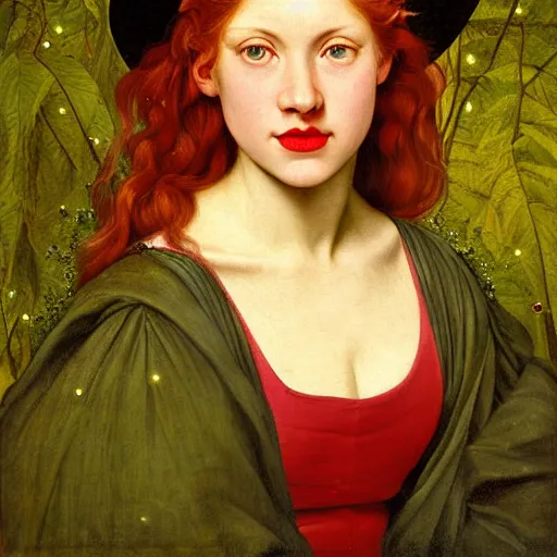 Image similar to portrait of a young woman, among the lights of golden fireflies and nature, long loose red hair, intricate details, deep green eyes, hint of freckles, round gentle face, cheeky smile with red lips, deep focus, smooth, sharp, golden ratio, hyper realistic art by artemisia lomi gentileschi and caravaggio