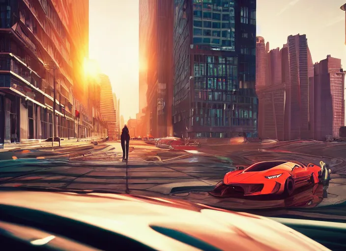 Image similar to a sport car in a city. sharp focus, cinematic pose, cinematic lighting, unreal engine render. art by josan gonzales and moebius and deathburger.