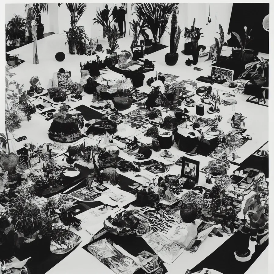 Prompt: A black and white photography of an exhibition space with objects of Sun Ra, Marcel Duchamp and tropical plants, 60s, offset lithography print, close up shot