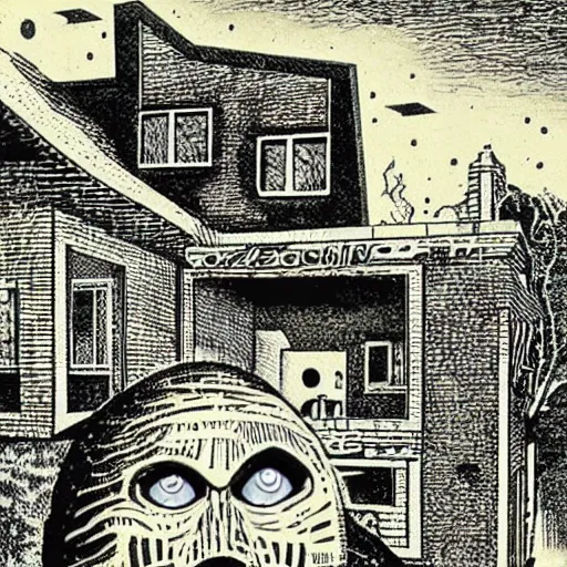 Prompt: a house with a face, looking surprised, by richard corben. pulp horror art