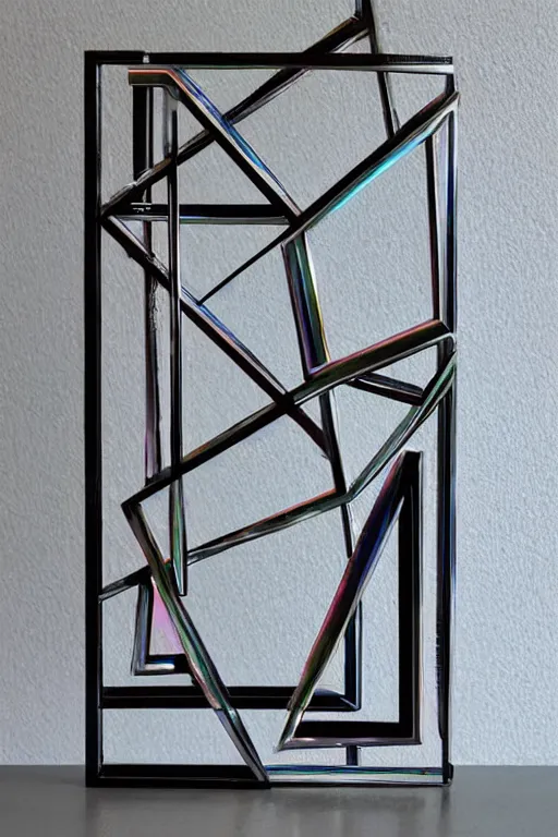 Prompt: metal sculpture geometric symmetrical forms and iridescent glass elements with sunlight rainbow reflections style of ivan black, jack storms _ yunchul kim _ anthony howe