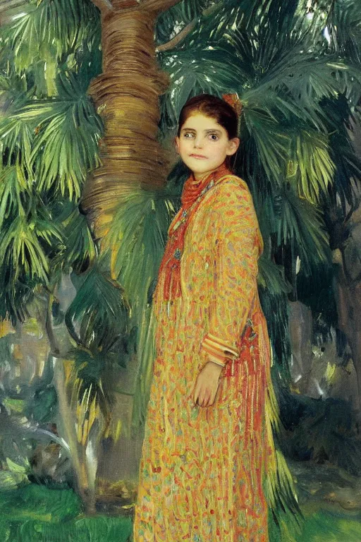 Prompt: a bakhtiari girl with golden detailed scarf set on a detailed persian carpet, tree palms in background, painting by john singer sargent