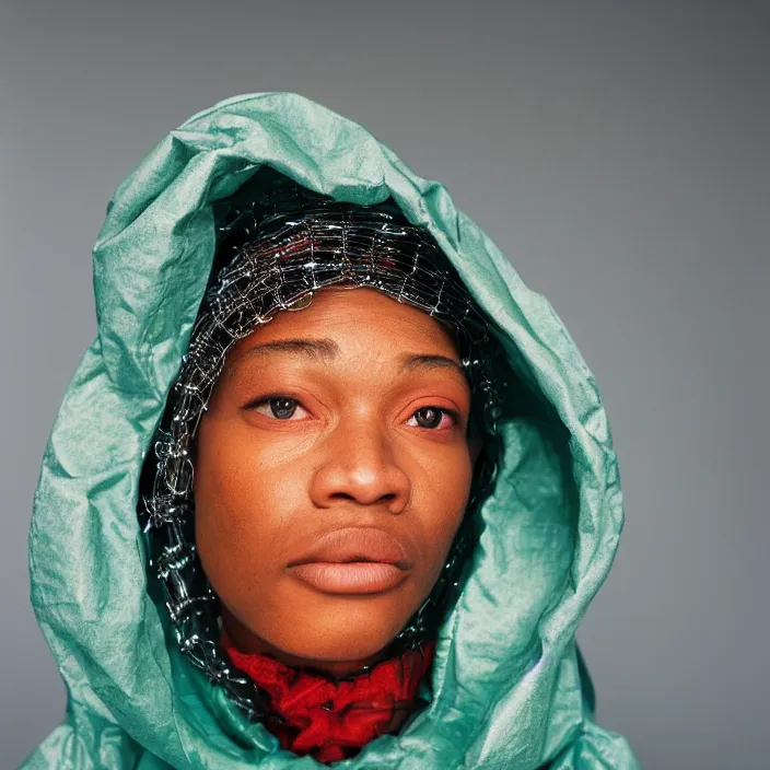 Prompt: a closeup portrait of a woman wearing a hood made of wire and plastic, in a laundry mat, color photograph, by kehinde wiley, canon eos c 3 0 0, ƒ 1. 8, 3 5 mm, 8 k, medium - format print