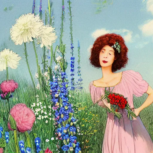 Prompt: a picture of a dreaming woman with flowers grow out of hair, roses peonies forget-me-nots dahlias lupins gladioli, sky theme in background by Elsa Beskow, Digital Art, Trending on artstation