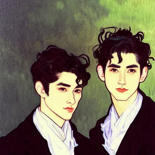 Image similar to painting of young cute handsome beautiful dark medium wavy hair man in his 2 0 s named shadow taehyung and cute handsome beautiful min - jun together at the halloween! party, ghostly, haunted, ghostly, ghosts, autumn! colors, elegant, wearing suits!, clothes!, delicate facial features, art by alphonse mucha, vincent van gogh, egon schiele