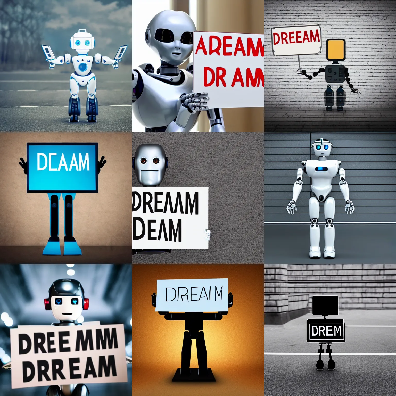 Image similar to artificial intelligence robot holding a sign with text that reads : dream