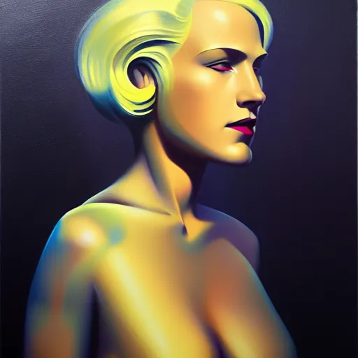 Prompt: a killian eng art deco style, blonde swedish woman as a sci - fi pilot, oil on canvas, smooth, sharp focus, vibrant volumetric natural light, dark enlightenment, alchemy, nigredo.