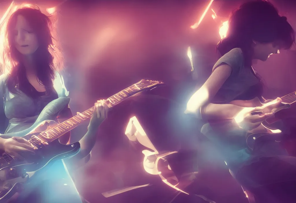 Image similar to women playing guitar, televisions, artstation, details, volumetric light, futuristic, pastel