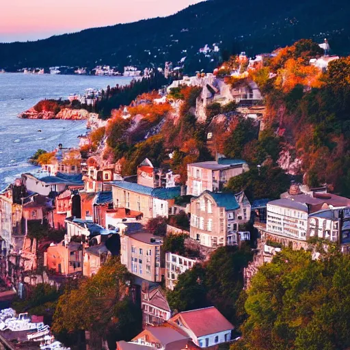 Image similar to city on a cliff, small city on hillside cliff, golden hour