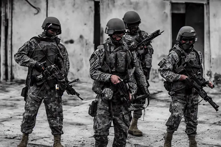 Image similar to Mercenary Special Forces soldiers in grey uniforms with black armored vest and black helmets in urban warfare in Thailand 2022, Canon EOS R3, f/1.4, ISO 200, 1/160s, 8K, RAW, unedited, symmetrical balance, in-frame, combat photography