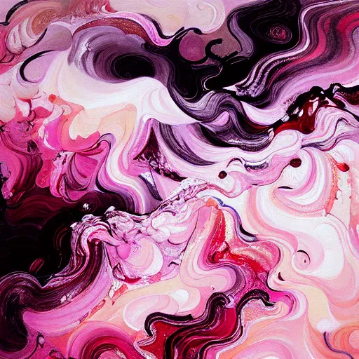 Prompt: a painting of white and pink swirls on a mountain, a detailed painting by hua yan, rembrandt, deviantart, analytical art, detailed painting, oil on canvas, fluid, molten, splash, effects, high detail