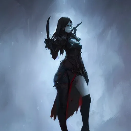 Image similar to trending on artstation, holding a sword, vampire, character design, concept art, style of greg rutkowski, makoto shinkai, pretty face, forward facing, fantasy armor, highly detailed, digital art, witch, female