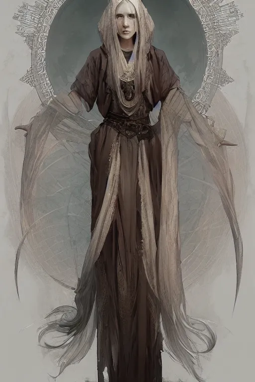 Image similar to pale priestess of the sacral moon full body portrait highly detailed, digital painting, artstation, concept art, smooth and sharp focus, illustration, art by tian zi and wlop and alphonse mucha