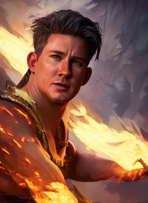 Prompt: A fantasy comic book style portrait painting of a Channing Tatum as a elf Sorcerer casting a fire spell, unreal 5, DAZ, hyperrealistic, octane render, RPG portrait, ambient light, dynamic lighting