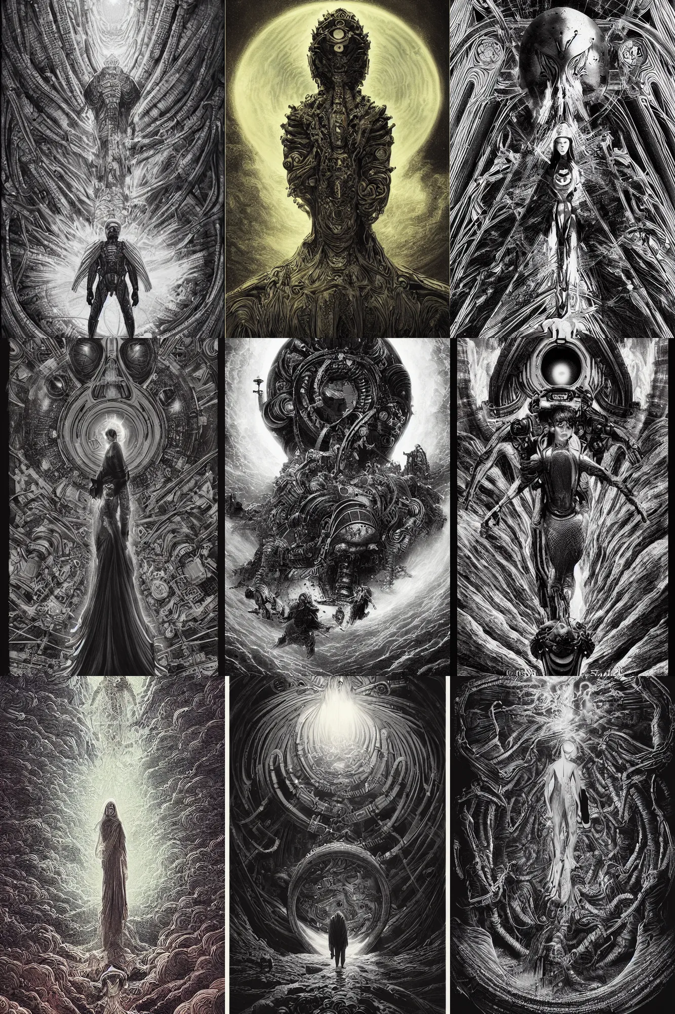 Prompt: scifi movie poster concept art, designed by joe perez of donda creative, creative direction by virgil abloh, avant - garde, religious imagery, by gustave dore and junji ito