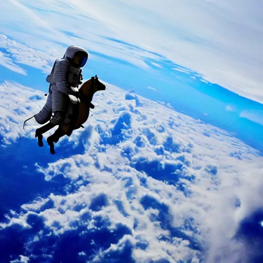 Image similar to iPhone photograph of an astronaut riding a Pegasus over the clouds