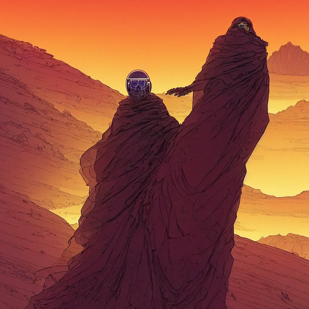 Prompt: a cyborg dressed in a large cloak walking through a dangerous desert, mountains, epic, close up, in the center, centered, intrincate by moebius, jean giraud & kilian eng moebius style