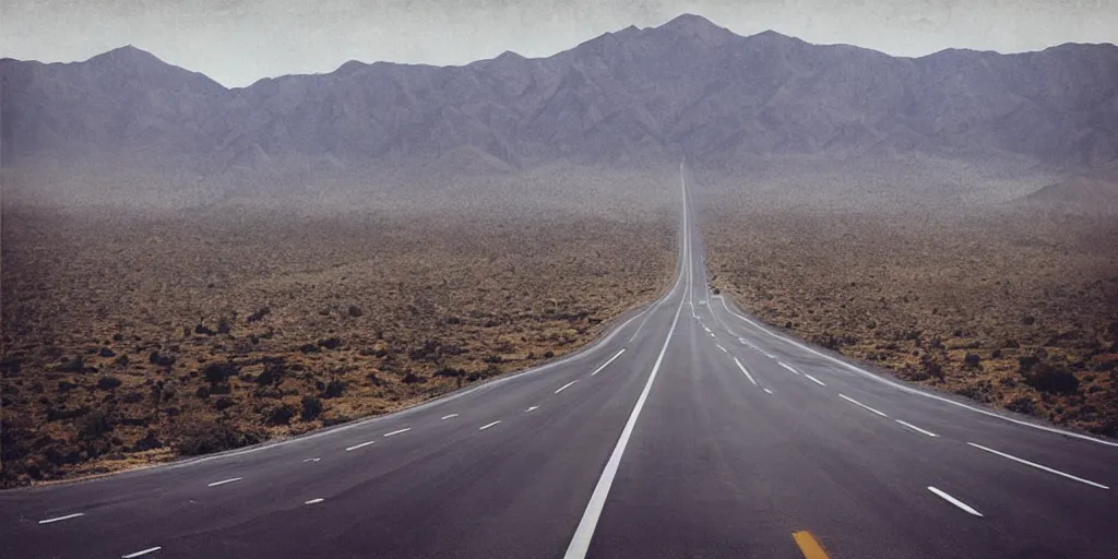 Prompt: “American highway in the style of Shawn Tan, capitalism, dystopian, mountain, desert, signs, future ”