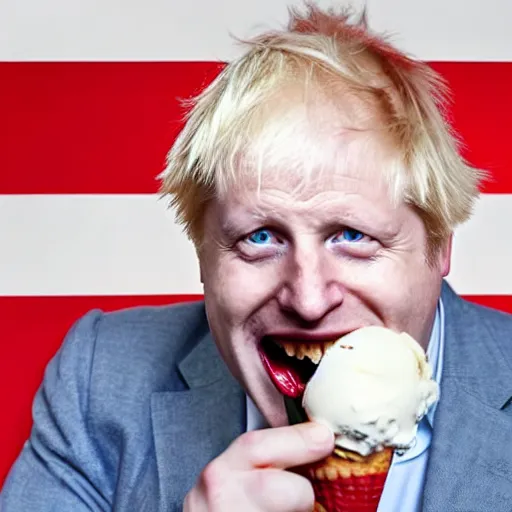 Image similar to boris johnson grinning and eating an ice cream on a hot summer day, patriotic dramatic angle, studio photography