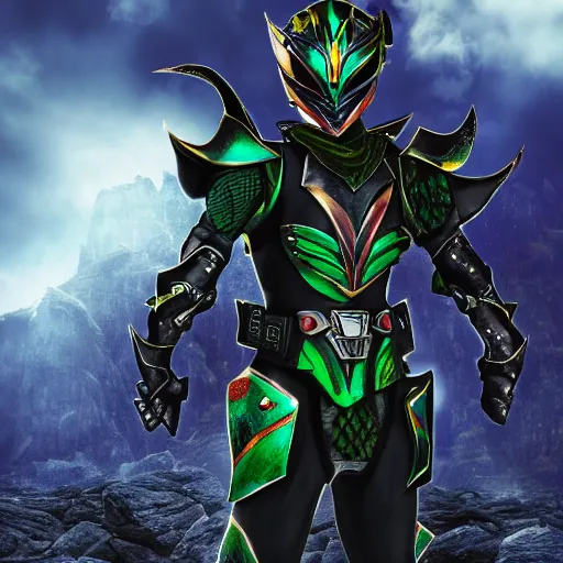 Image similar to High Fantasy Kamen Rider standing in a rock quarry, single character, full body, 4k, glowing eyes, daytime, rubber suit, dark blue segmented armor, dragon inspired armor, centered