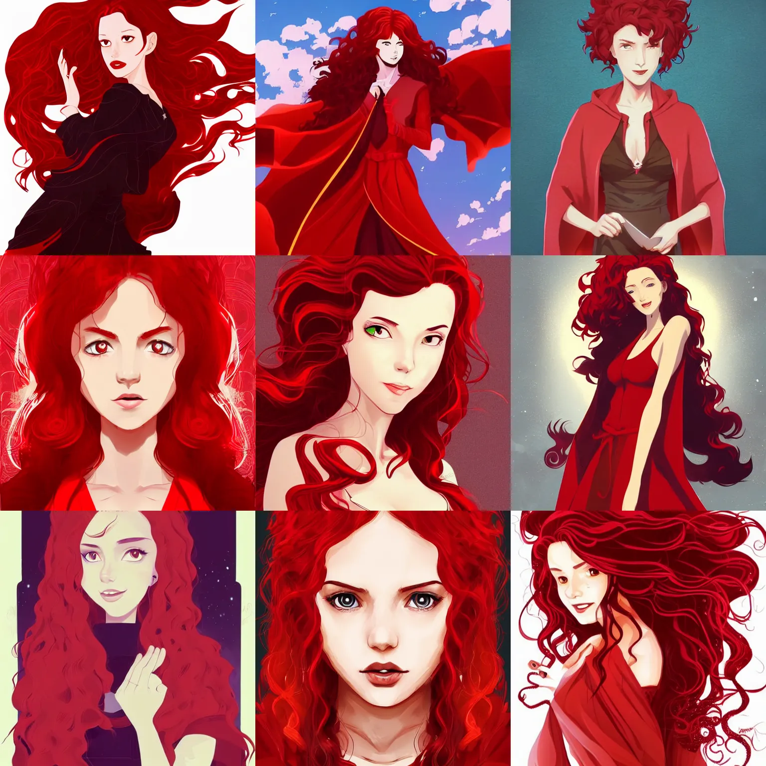 Prompt: portrait of a female sorceress with curly red hair wearing a red dress and a red cloak, clean cel shaded vector art. shutterstock. behance hd by lois van baarle, artgerm, helen huang, by makoto shinkai and ilya kuvshinov, rossdraws, illustration
