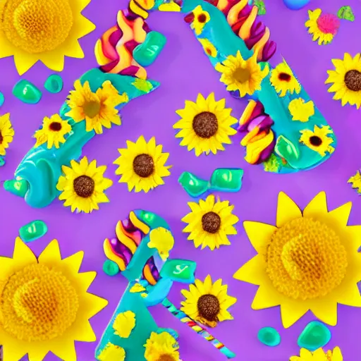 Prompt: a sunflower emoji, unicorns im background, candyland.