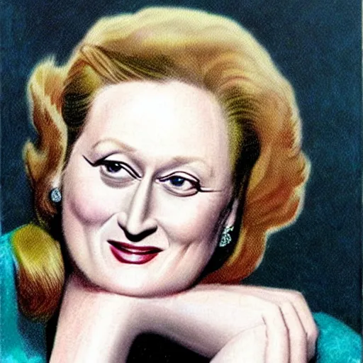 Prompt: “Meryl Streep portrait, color vintage magazine illustration 1950”