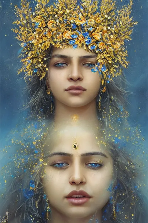 Prompt: a pale Indian girl with golden hair, floral crown, sad blue eyes, cinematic lighting, ultra detailed, highly detailed, sharp focus, golden background with flowers, golden jewellery with blue sapphires, photographic, art by artgerm and greg rutkowski and zdislav beksinski