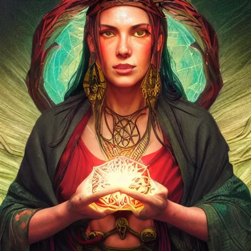 Image similar to a detailed tarot card of a shaman casting a spell, female, crimson colored, crackling green lightning, fantasy, d & d, intricate, elegant, highly detailed, digital painting, artstation, concept art, matte, sharp focus, illustration, in the style of magic the gathering, art by artgerm and greg rutkowski and alphonse mucha