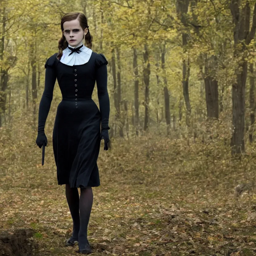 Prompt: emma watson as wednesday addams, movie still, 8 k,