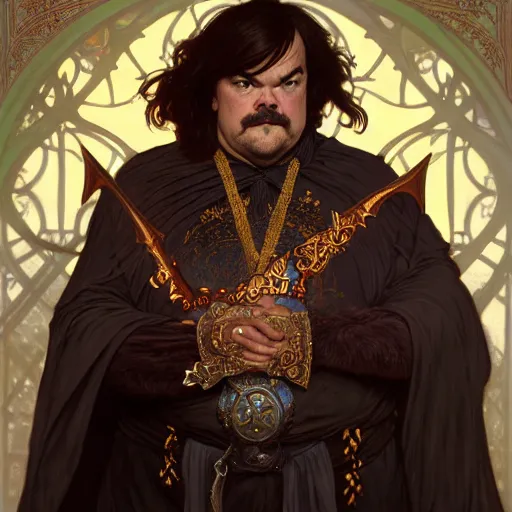 Prompt: full portrait of jack black as king friday, fantasy, d & d, intricate, detailed, by by alphonse mucha, adolfo hohenstein, alice russell glenny, stanley artgerm lau, greg rutkowski, detailed, trending on artstation, trending on artstation, smooth