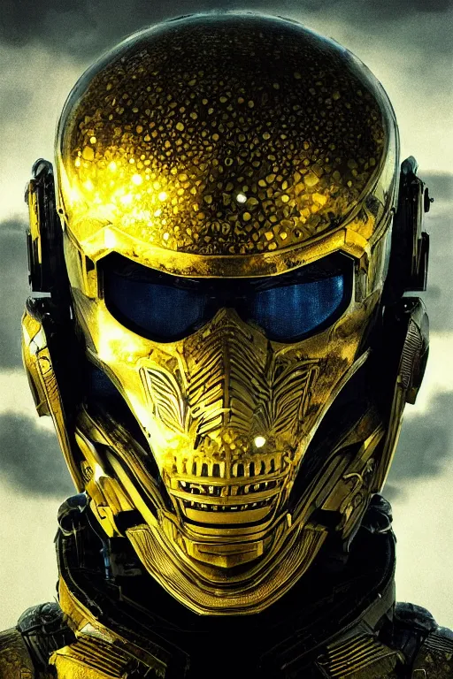 Image similar to ultra realist and ultra intricate detailed soft painting of a beautiful sci-fi armored male, helmet with holographic yellow skull over face, symmetry features, sensual gloomy style, volumetric clouds, cyberpunk burning building background, artstation, unreal render, depth of field