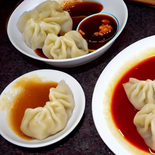 Image similar to delicious dumplings with chili sauce made by hayao miyazaki!!