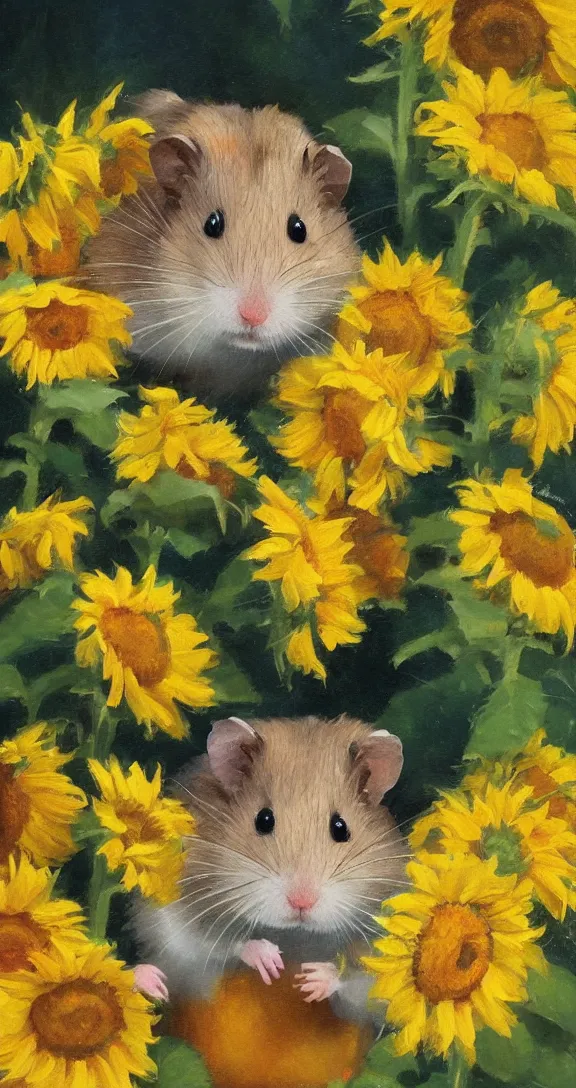 Image similar to a highly detailed beautiful portrait of a cute little hamster surrounded by beautiful sunflowers, by gregory manchess, james gurney, james jean