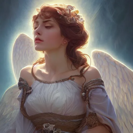 Prompt: close up portrait of beautiful angel, D&D, face, fantasy, intricate, elegant, highly detailed, digital painting, artstation, concept art, smooth, sharp focus, illustration, art by artgerm and greg rutkowski and alphonse mucha