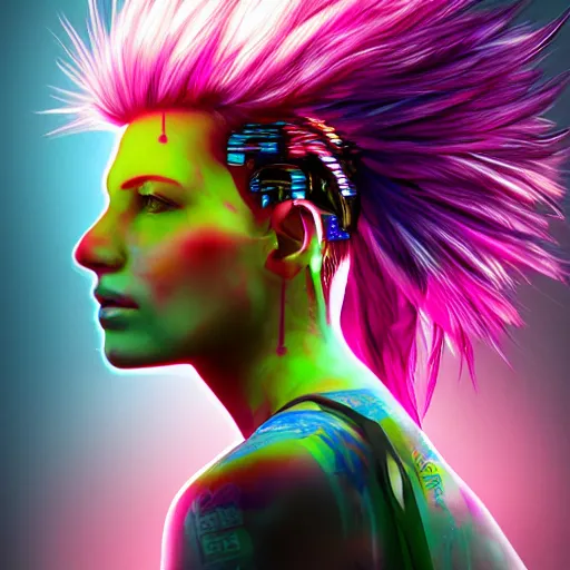 Prompt: multi colored mohawk on a cyberpunk girl, head and shoulders, digital art, trending on artstation, ultra realistic