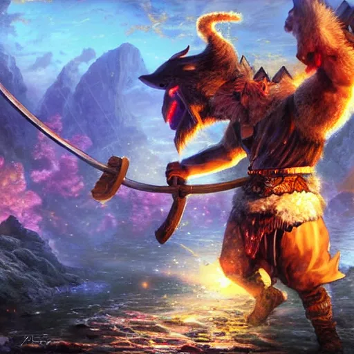 Prompt: Berserker Viking fighting Pokemon by Thomas Kinkade dramatic lighting, water spray, glistening