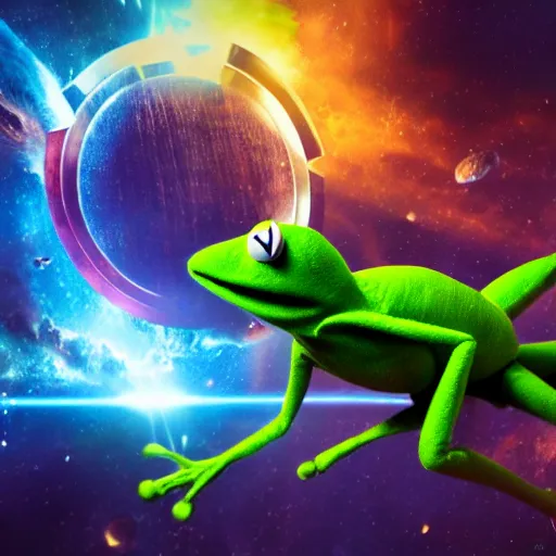 Prompt: the avengers battle one kermit the frog in space, galaxy, hd, 8 k, explosions, gunfire, lasers, giant, epic, colorful, realistic photo, unreal engine, stars, prophecy, powerful, cinematic lighting, destroyed planet, debris, justice league, movie poster, violent, sinister, ray tracing, dynamic, print, epic composition